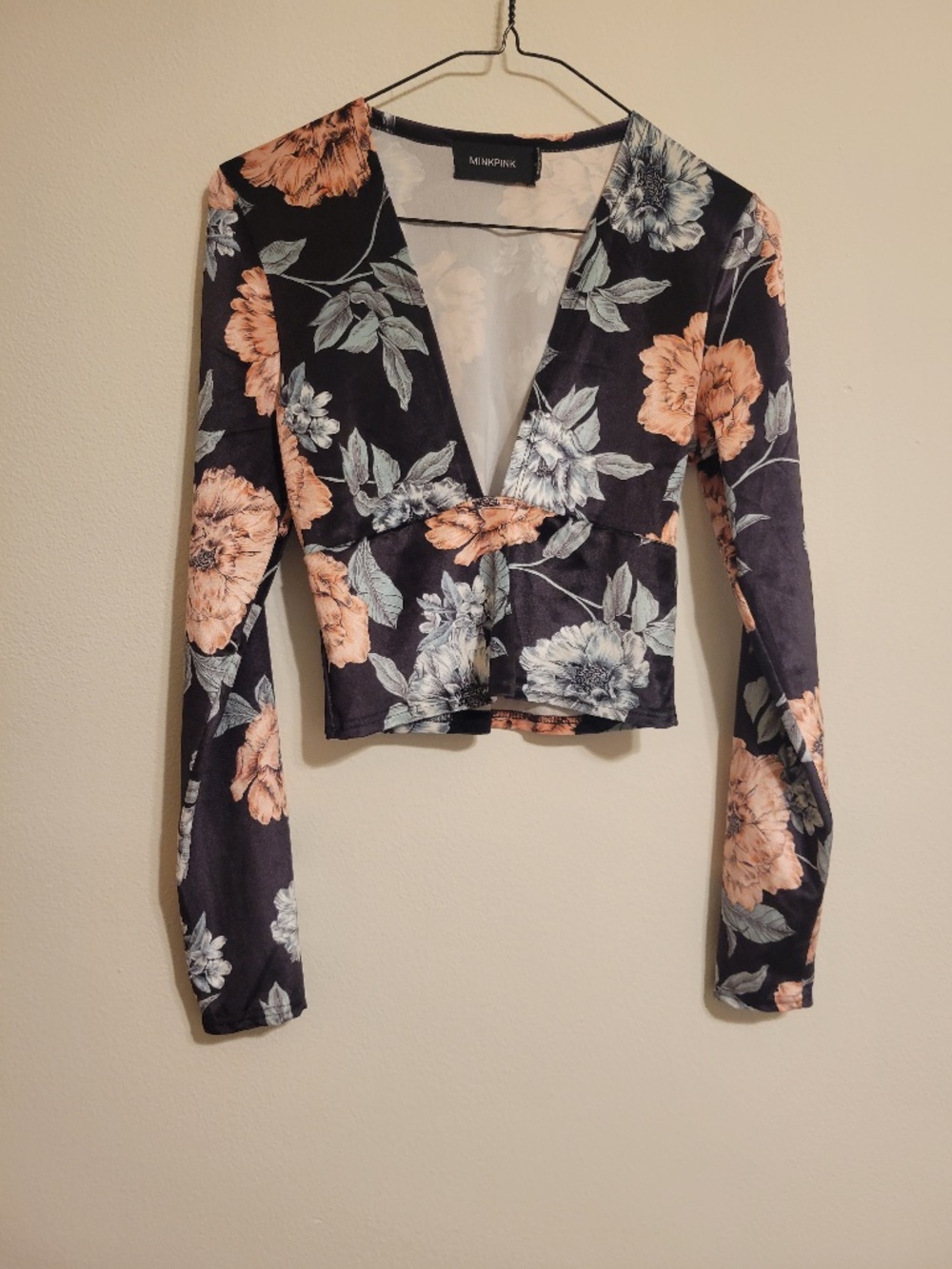 MinkPink Velvet Deep V Neck Long Sleeve Floral Crop Top Size XS